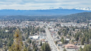 View of Bend Oregon from Pilot Butte with Cascades in spring